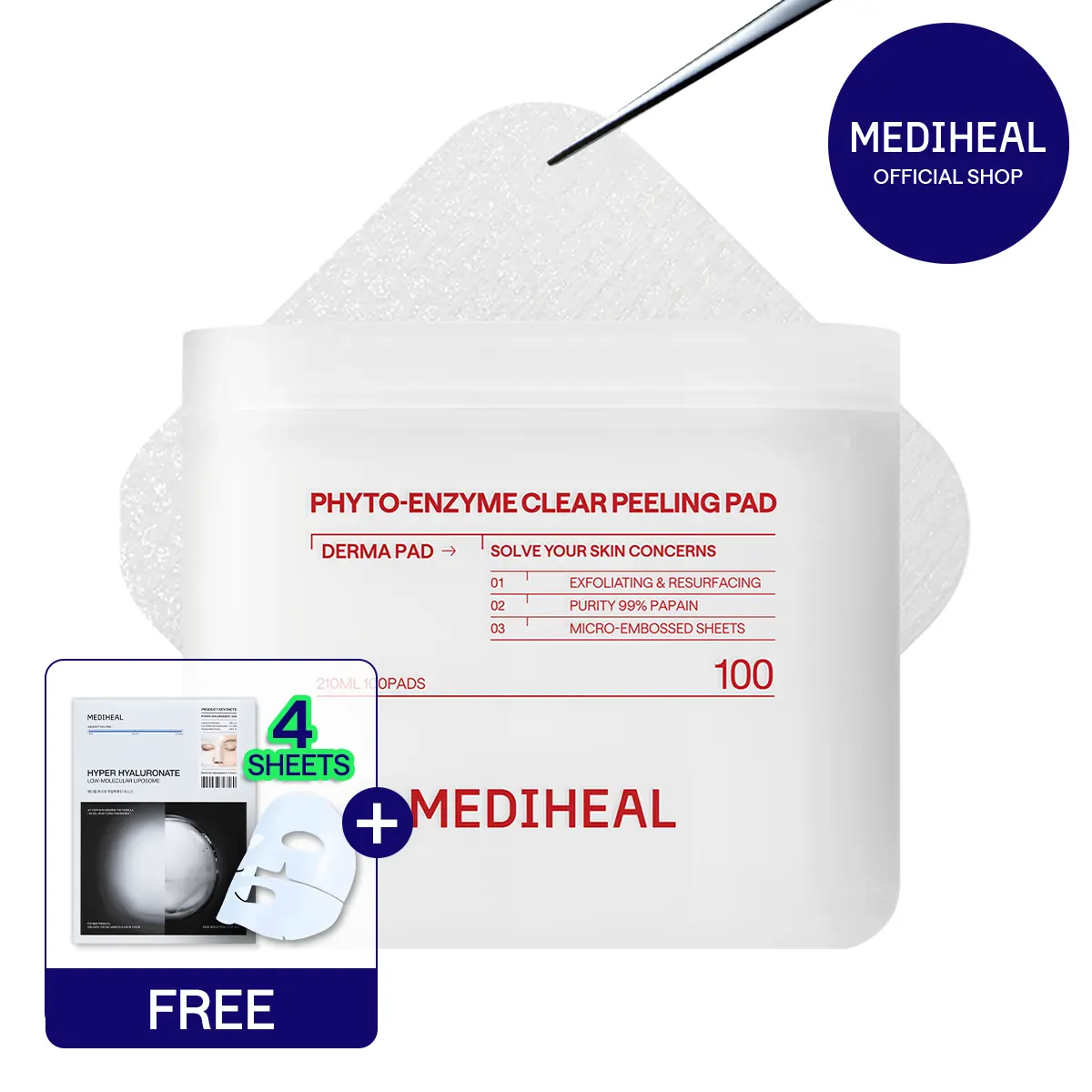 [MEDIHEAL] Phyto-Enzyme Clear Peeling Pad (100 pc) | 99% Pure Plant Enzyme + LHA | 96.93% Exfoliation & 96.49% Pore Cleansing Improvement | Dual-Sided Embossed Pads for Face & Body | Gentle Daily Peeling | Korean Skincare