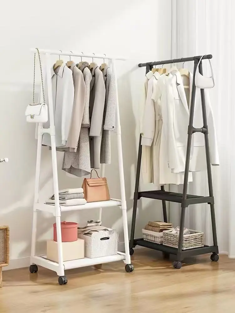 Triangular simple clothes rack with wheels, storage rack, dormitory drying rack, freestanding floor-standing hanging rack for dorms