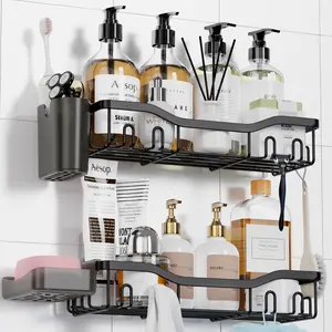 Shower Caddy Adhesive Shower Shelves, Bathroom Organizer Shower Organizer Rack Black, Wall Shelf for Inside Shower Storage with Soap Holder and 16 Hooks Rustproof Stainless Steel, 2 Pack Large
