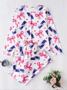 Women's Casual Two-Piece Pajama Set with Bow & Heart Design, Long Sleeve Top and Pants, Soft Fabric, Elastic Waistband, All Seasons Wear, Loungewear
