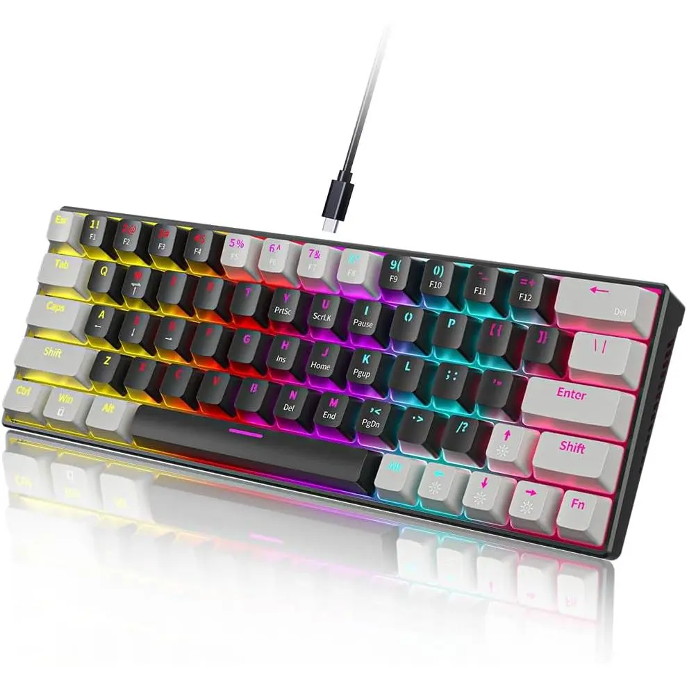 Silent Mechanical Keyboard, Wired 60% Anti-Ghosting Gaming Model with Colorful Backlight, 63 Swappable Keycaps, Comfortable Feel, USB-C, Windows/Linux/PS5 Compatibility, Pluggable Keyboard Shaft (Black-Gray), Comfortable Feeling
