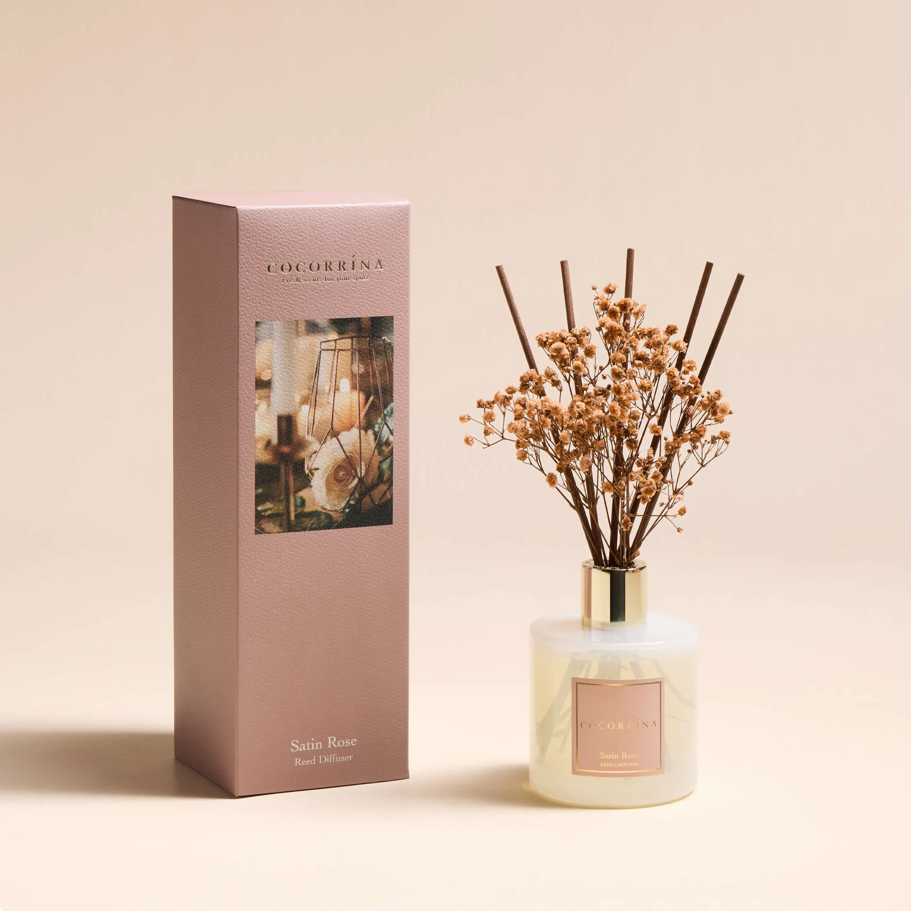 Cocorrína Reed Diffuser Sets- Satin Rose Scented Diffuser with Sticks Home Fragrance Reed Diffuser for Bathroom Shelf Decor