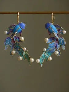 French Vintage Blue Koi Fish Earrings, Elegant Enamel Goldfish Design, Women's Party Vacation Jewelry, Unique Personal Style Earings, Elegant Minimalist Earrings, Versatile Earrings