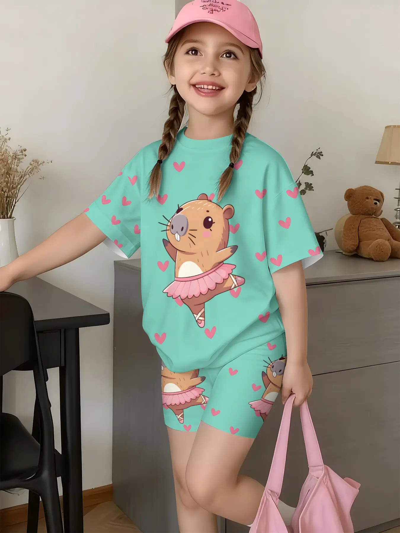 Cartoon Capybara Animal Print Short Sleeve Set, Summer Casual Two-Piece, Cute Parent-Child Clothing, Summer Outfits Set, Summer Clothes Set