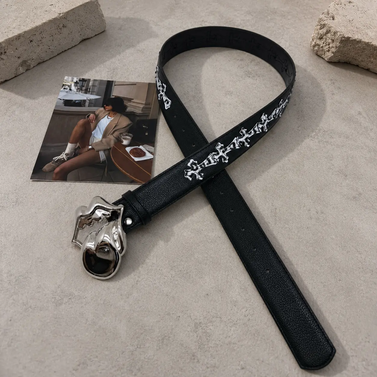Rolling Stones Tongue Buckle Leather Belt 110cm Punk Rock Gothic Skull Cross Studded Waist Belt for Men Women