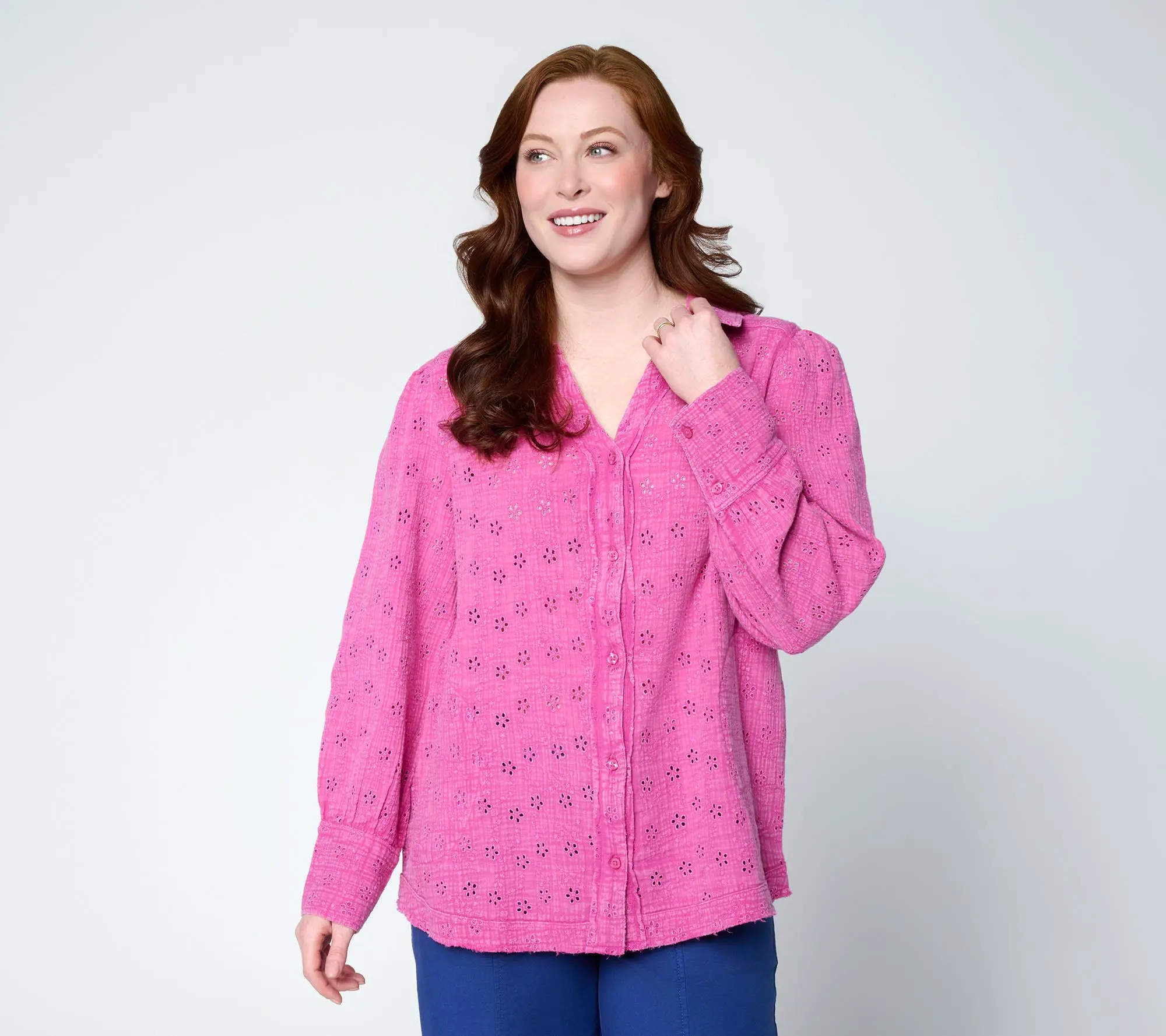 LOGO Lavish by Lori Goldstein Overdye Button Front Eyelet Shirt