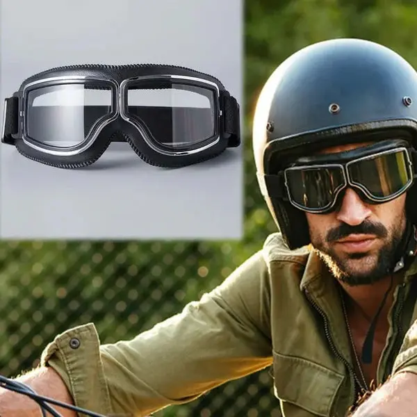 Vintage Motorcycle Goggles, Protective Gear with Adjustable Non-Slip Strap, Scratch-Impact Resistant Polycarbonate Lens, UV Protection, Foldable Design, Perfect Fit for Glasses