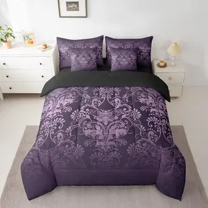 Feelyou 7-Piece Gothic Damask Decorative Bedding Set - Ultra Soft Bed-in-a-Bag with Purple Victorian Floral Goth Sheets, Exotic Moth Design, Soft Bedding Sets Accents