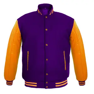 Deckra Men's Handmade Baseball Varsity Jacket - Genuine Leather Longsleeves, Wool-Polyester Body, Purple/Yellow, Casual Coat with Pocket, Menswear Top