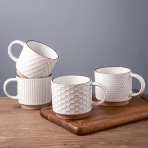 GBHOME 12OZ Stackable Coffee Mugs, Ceramic Coffee Mugs with Texture Patterns for Man,Woman,Dad,Mom, Modern Coffee Mugs Set of 4 for Latte/Cappuccino/Cocoa. Dishwasher&Microwave Safe, Off White Drinkware Black