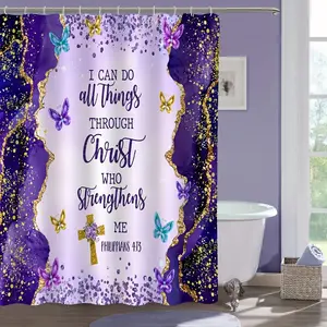 Christian Inspirational Bible Shower Curtain, Polyester Fabric, Seasonal Decor Gift for Home, Tub Partition Hanging Curtain, Includes 12 Hooks, 72 x72 Inches