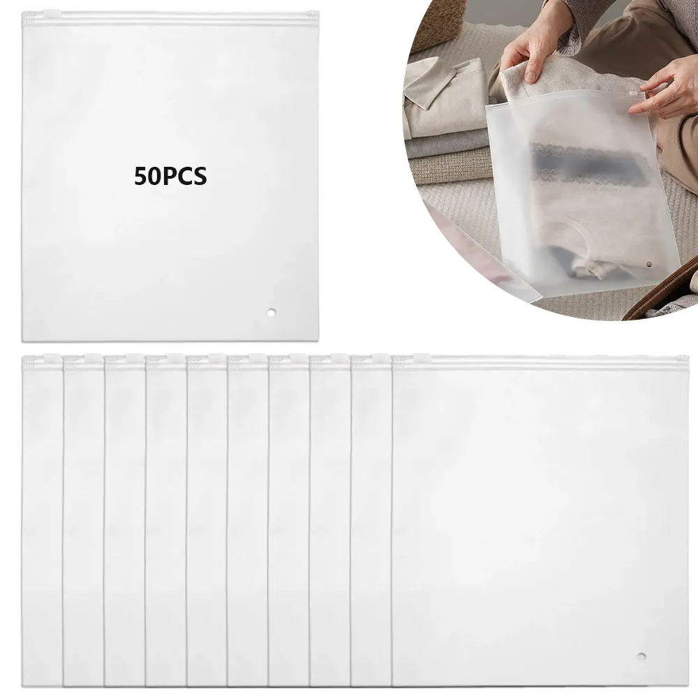 50 Packs 13.78x15.75 inch Plastic Bags, 2 Gallon Frosted Zipper Bags for Clothes, Sweaters, Hoodies, Women Shoe, Sewing Projects Packaging, 3 Mil with Vent Hole