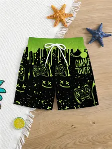 Boys Game Style Swim Trunks, Swim Board Shorts, Fluorescent Printed Elastic Waist Beach Shorts, Comfortable Clothing for Vacation Casual Wear
