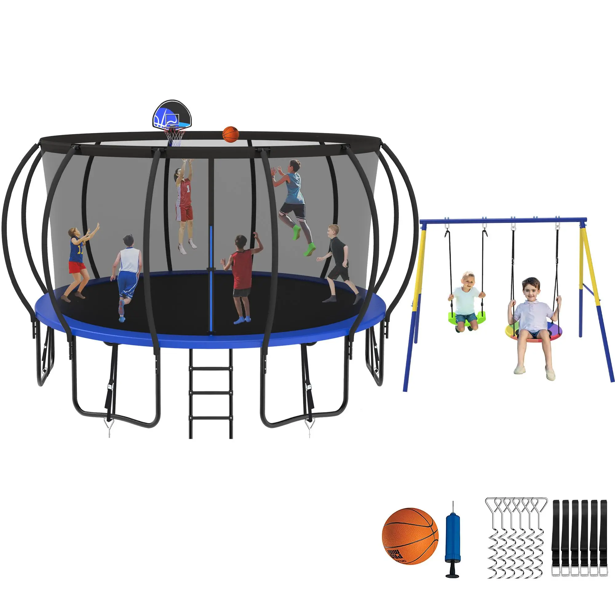 YORIN Trampoline with Swing Set, Trampoline Outdoor 8FT 10FT 12FT 14FT 15FT 16FT Trampoline for Kids Adults Recreational Backyard Trampoline with Basketball Hoop, Enclosure Net, Ladder & Wind Stakes, Anti-Rust Coating & Easy to Install Sports Family Durab