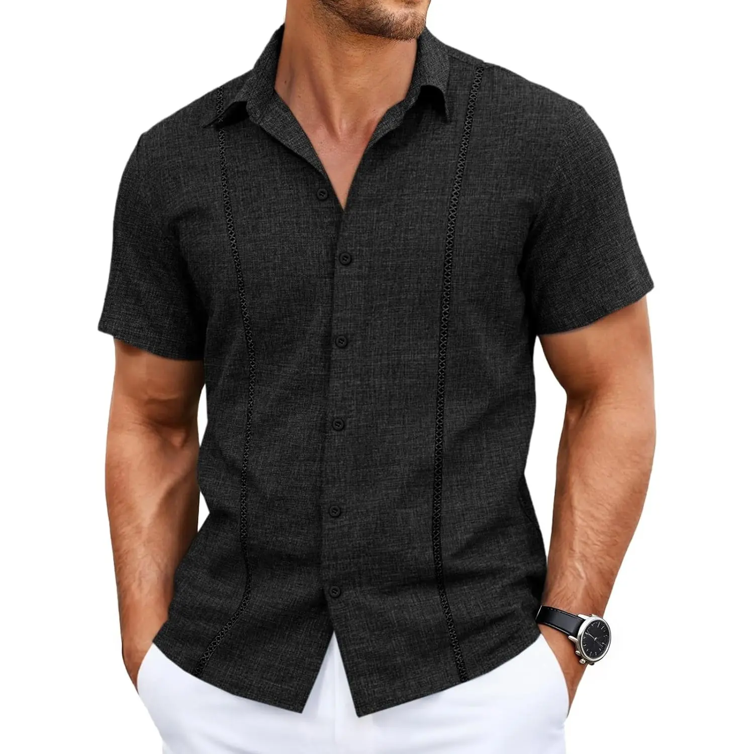 Runcati Mens Short Sleeve Guayabera Shirts Cuban Button Down Casual Shirt Summer Vacation Wedding Embroidered Tops