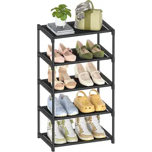 5-Tier Narrow Shoe Rack for Small Spaces – Space-Saving Slim Shoe Organizer with Fabric Shelves for Closet, Entryway & Front Door (Black)