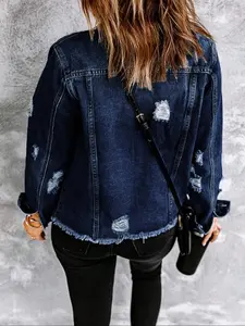 Women's Fall Winter Washed Denim Jacket Coat, Vintage Ripped Long Sleeve Jacket, Casual Autumn Winter Outerwear