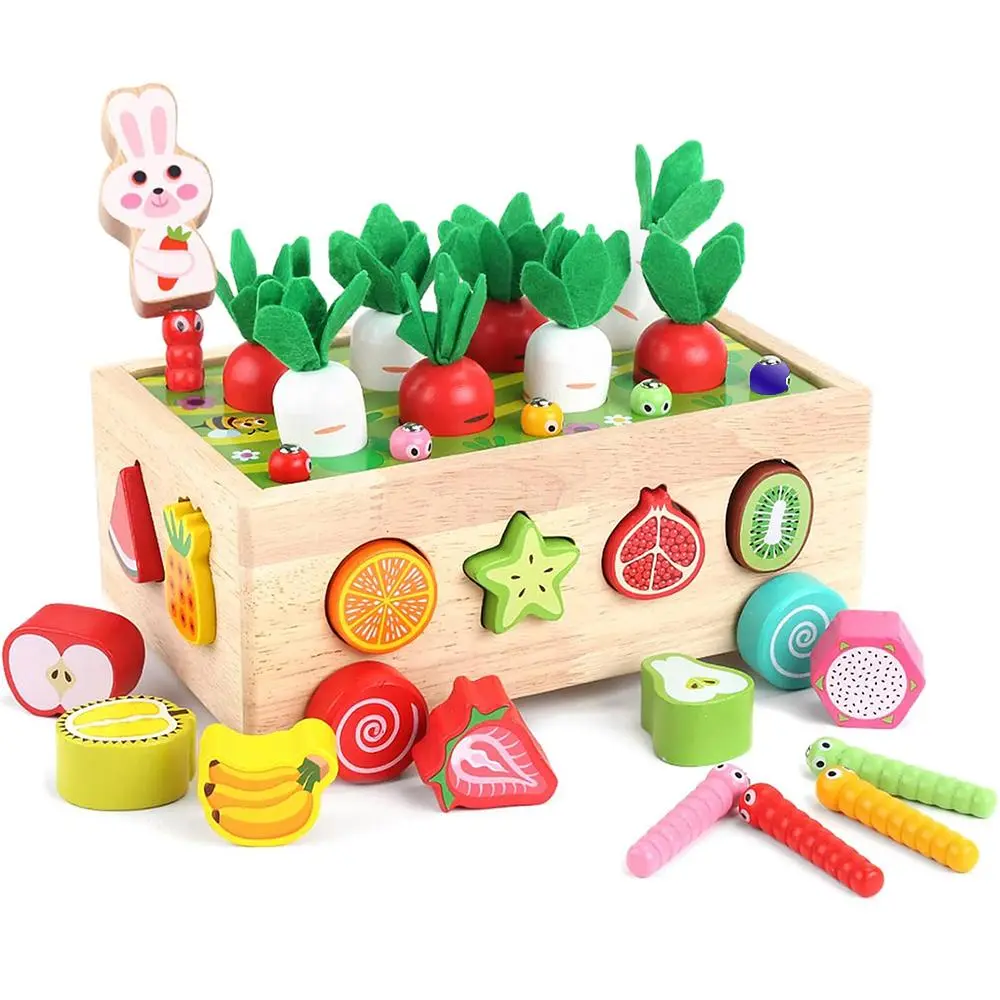 Wooden Vegetable & Fruit Shape Sorter, 31pcs/set Colorful Shape Sorter Toys, Educational Carrot Car Toy for Kids, Funny Gift for Boys & Girls, Toddler Playset