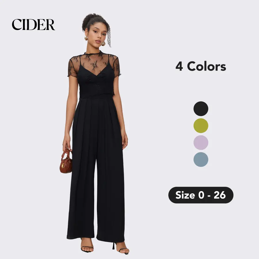 Cider [size 2-26] Lace See-through Top & V Neck Wide Leg Jumpsuit SohoChic