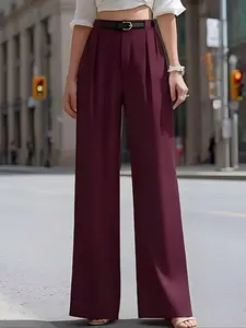 1 piece of women's four-season burgundy solid color high-waist pleated belt Button with loose wide-leg suit pants for commuting and workplace style, Fit, suitable for office, vacation, home, daily wear, Womenswear Trouser