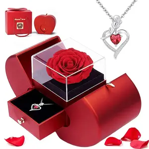 Preserved Real Rose Gift with Red Diamont Necklace,Cute Gifts for Girlfriends,Women,Mother,Wife,Gifts Idea on Mother`s Day,Valentine`s Day,Christmas,Birthday