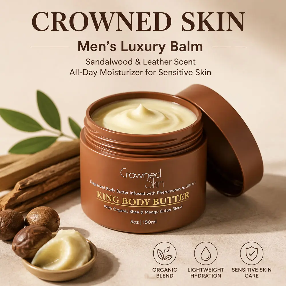 [KING BODY BUTTER] Men's Luxury Crowned Skin Balm - Sandalwood & Leather Scent, Organic Shea & Mango Butter Blend, Lightweight Hydrating Sensitive Skin Body Care, All-Day Moisturizer