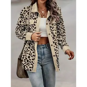 Women’s corduroy jacket with all-over leopard print and front button closure, casual long-sleeve outerwear for fall and winter, ladies’ clothing for everyday wear