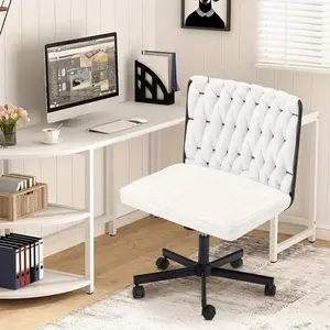 Criss Cross Desk Chair with Wheels, Extra Wide Armless Chair with Flannel Cushion, Adjustable Height & 135° Recline, Cross-Legged Office Chair for Home, Vanity, Study Room, White