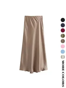 Women's Four-Season Fashion Smooth Satin Fabric Midi Skirt, High Waist A-Line, Elastic Waist, Plain Design, Versatile for Daily and Commute Wear