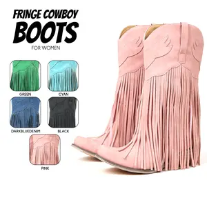 Fringe Cowboy Boots for Womens Tassel Western Embroidered Mid Calf Boot Pointed Toe Chunky Block Heel Easy Pull On Comfy Wide Calf Summer Party Country Fashion Wedding Daily Wear Concert Outfits Festival Riding Retro Classic Turquoise Denim Cowgirl Shoes