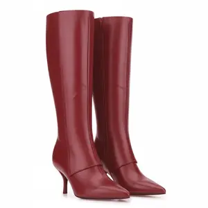 LUNETTA Burgundy Kitten Heel Knee High Boots for Women Stiletto Heel Pointed Toe Side Zipper Tall Leather Fold Over Design Fall Dress Boots