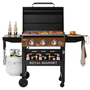 Royal Gourmet  3-Burner Gas Griddle with Hood, Griddle with Collapsible Side Shelves, 39,000 BTU, 492 Sq, Electronic Ignition, Swivel Wheels with Brakes, Perfect for Outdoor Cooking, Stylish Antique Bronze Control Panel				