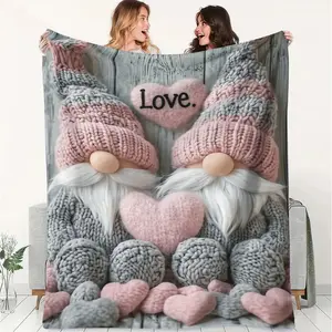 Knitted Gnome Flannel Throw Blanket - Heart Print, Stain-Resistant, Multi-Size, Flannel Fabric, Bedroom Use, Ideal for Home Decor, Perfect Gift for Loved Ones