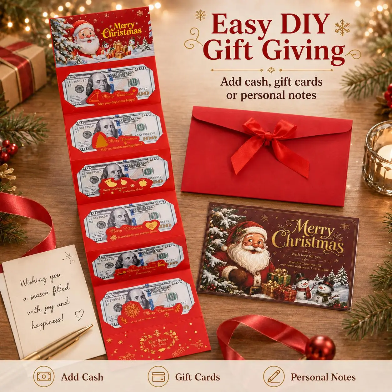 Unisex Christmas Paper Money Holder Set (1/2/4P, 2 Styles) - 6-Slot Cash Gift Envelopes for Souvenir & Gift Giving, Festive Party Supplies