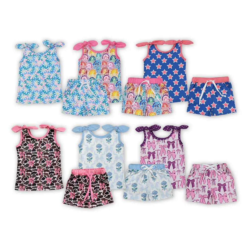 Girls' 2-Piece Matching Outfit Set, Solid Color Sleeveless Ruffle Top and Bow Shorts, Cute Summer Casual Playwear, Fashion Style Sets