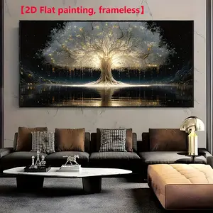 Wooden Framed Canvas Painting Large Modern Abstract Tree of Life canvas Painting - Minimalist wall, Golden luminous tree design, suitable for living room, bedroom, corridor - Easy to hang Wrapped in canvas