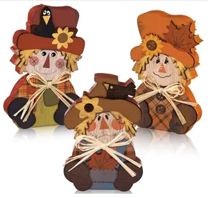 Ferraycle 3 Pcs Thanksgiving Scarecrow Decor Fall Decor Autumn Farmhouse Sign Rustic Tiered Tray Decorations Table Centerpieces Standing Wooden Block Sign for Halloween Home Kitchen