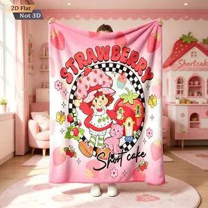 Strawberry Shortcake Flannel Throw Blanket, Sweet Strawberry Girl Flannel Plush Blanket, Cute Cat Design Soft Lightweight Cozy Throw for Kids Room Sofa, Cottagecore Nostalgic Gift