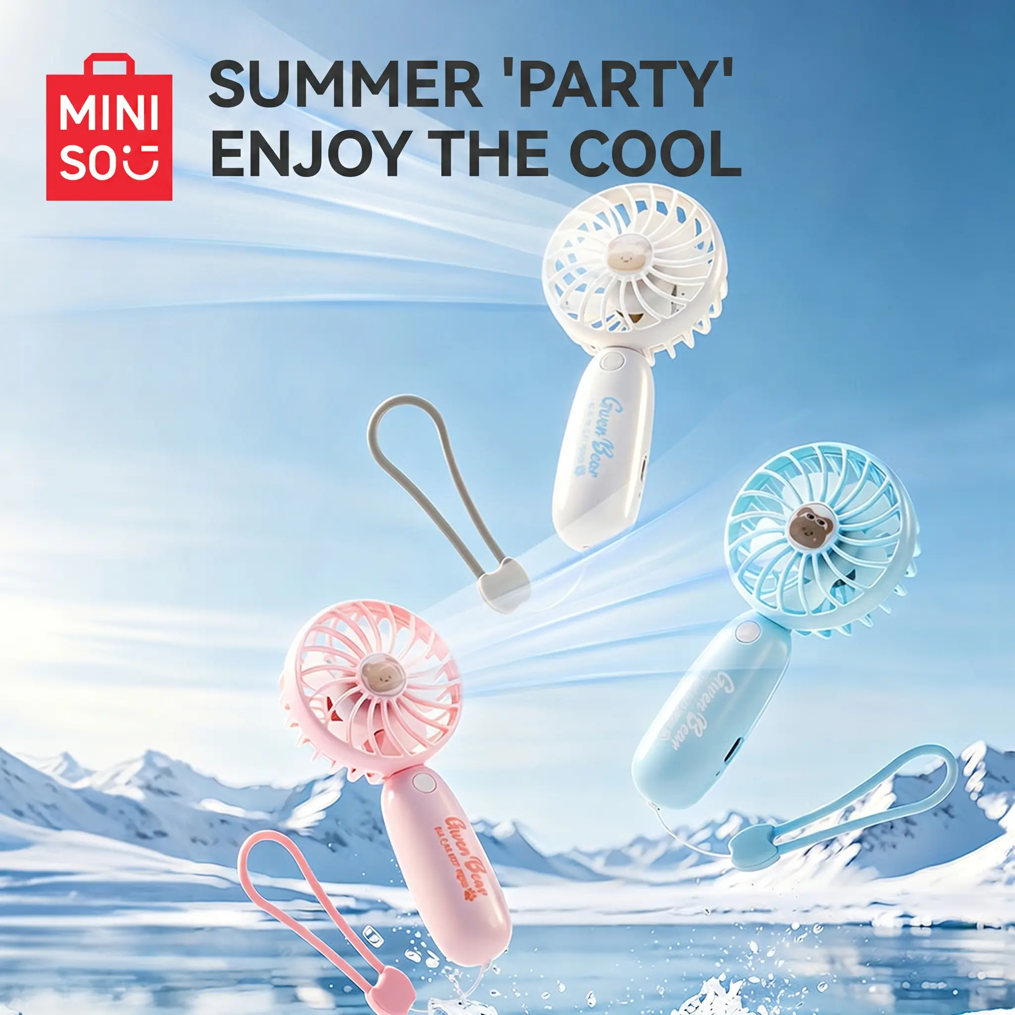 MINISO GWEN BEAR Cream Series Portable Handheld Fan – 500mAh Mini Rechargeable Fan, Lightweight Personal Cooling Fan with Lanyard, Travel Fan for Summer
