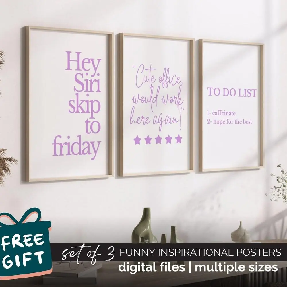 Purple Office Wall Decor, Girly Home Office Posters Funny Quote Motivational Prints for Women, Sassy Desk Decor Purple Office Accessories