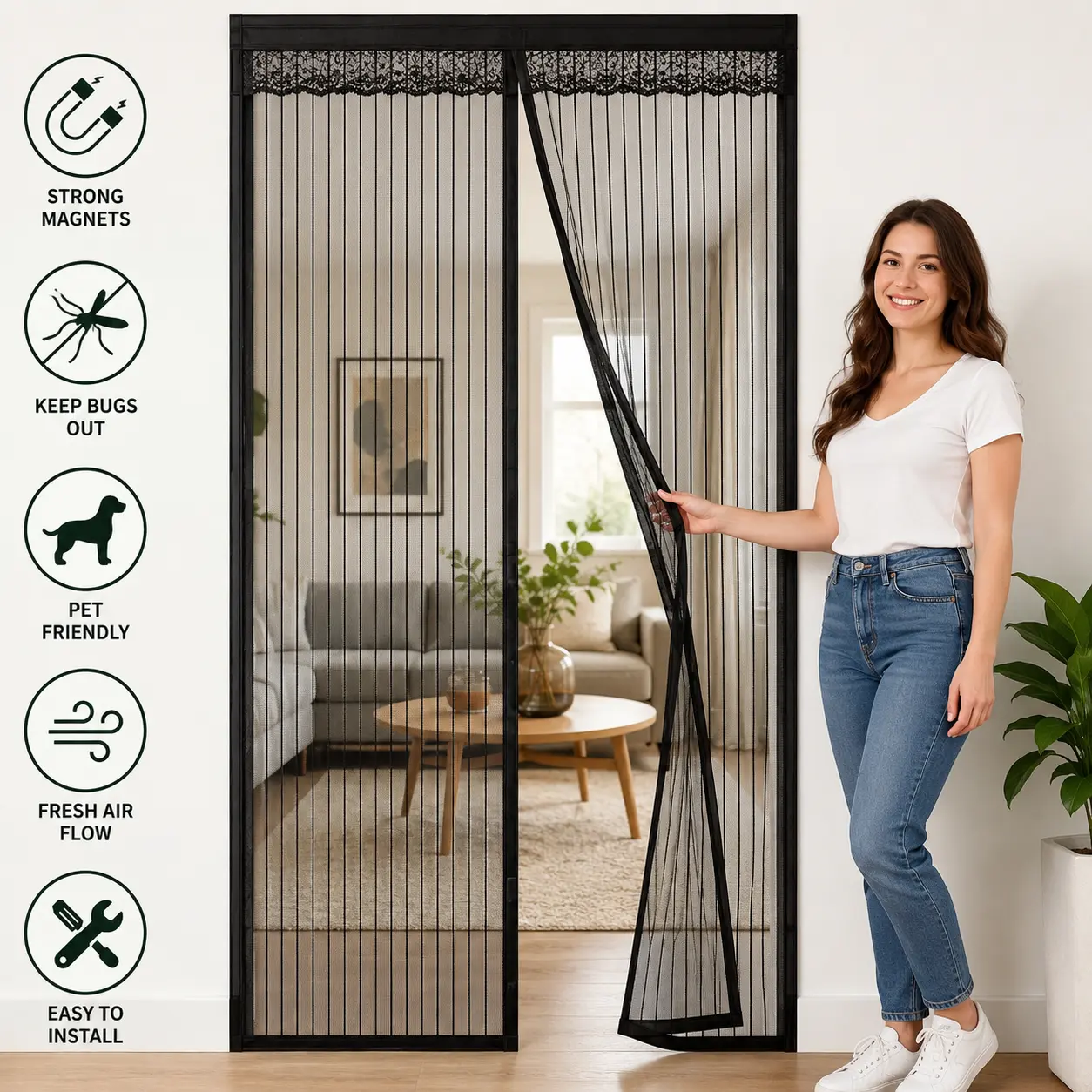 Chen Sal Magnetic Screen Door Mesh Curtain with Strong Magnets – Keep Bugs Out, Pet Friendly, Easy Install, Fits Multiple Door Sizes