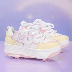 Pastel Yellow White Pink Adjustable Roller Skate Sneakers, Low-Top Breathable Casual Shoes for School, Training & Streetwear, Cushioned Comfort All-Season Wear Athletic Trainer