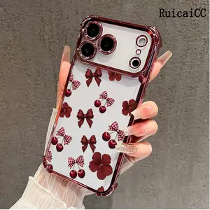 Compatible Phone Case iPhone 17 Pro Max 16 15 Plus Air 14 13 12 11 Wine Red Cherry Bow Floral Pattern Transparent Full Coverage Four Corners Anti-drop Casing