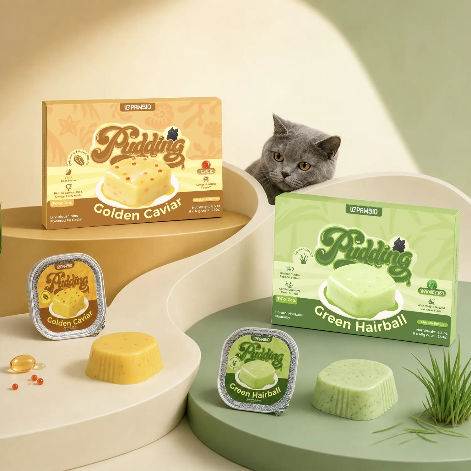 PAWBIO Functional Cat Pudding Treat & Food Topper, Lickable Mousse for Hairball & Skin-Coat Support, 6 x 40g Cups