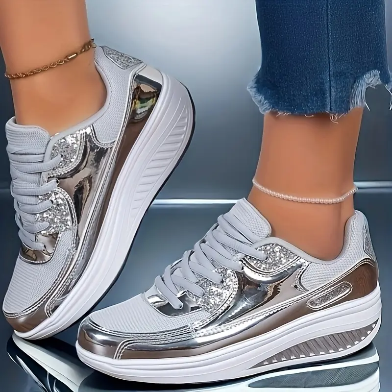 Women's Glitter Platform Sneakers, Low Top Casual Walking Shoes with Laces, Round Toe Fashion Footwear