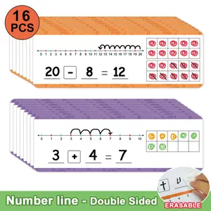 16 Dual-Sided Number Line Teaching Aids, Kids Math Addition Subtraction Learning Tools, Erasable Cards, No Pen Included