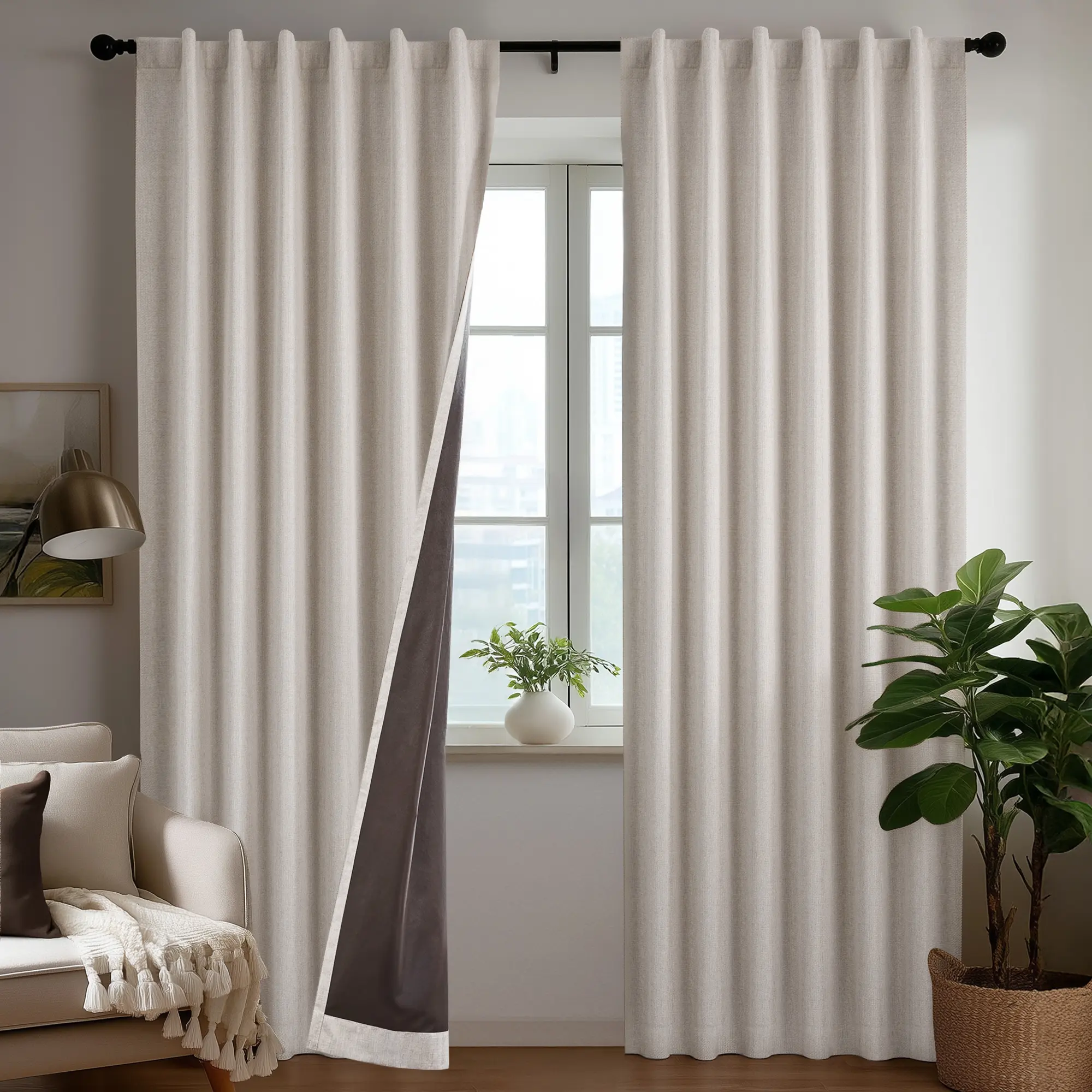 Deconovo 100% Linen Blackout Curtains - Set of 2 Thermal Insulated Back Tab Top Panels, Privacy Focus, Blocks Bright Light for Calm Sleep, Room Decor, House Decor for Bedroom/Nursery, Back Tab Top Hangs Neatly With Ease