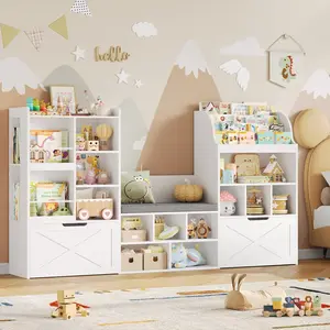FOTOSOK Kids Bookshelf with Reading Nook, 75" W Kids Toy Storage Organizer with 2 Large Movable Drawers, Kid Bench for Playroom Kids Room Living Room