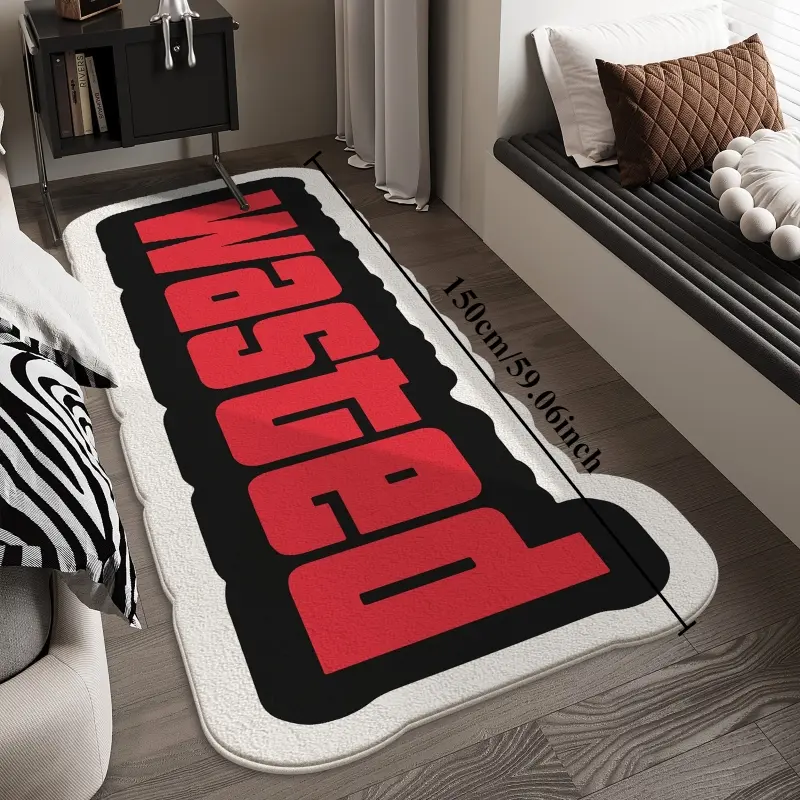 Velvet 1000g+10mm ins trend "WASTED" letter bedside strip carpet black and red contrast color bedroom decoration personalized carpet soft and comfortable living room corridor washable carpet trendy and creative computer room lounge study non-slip