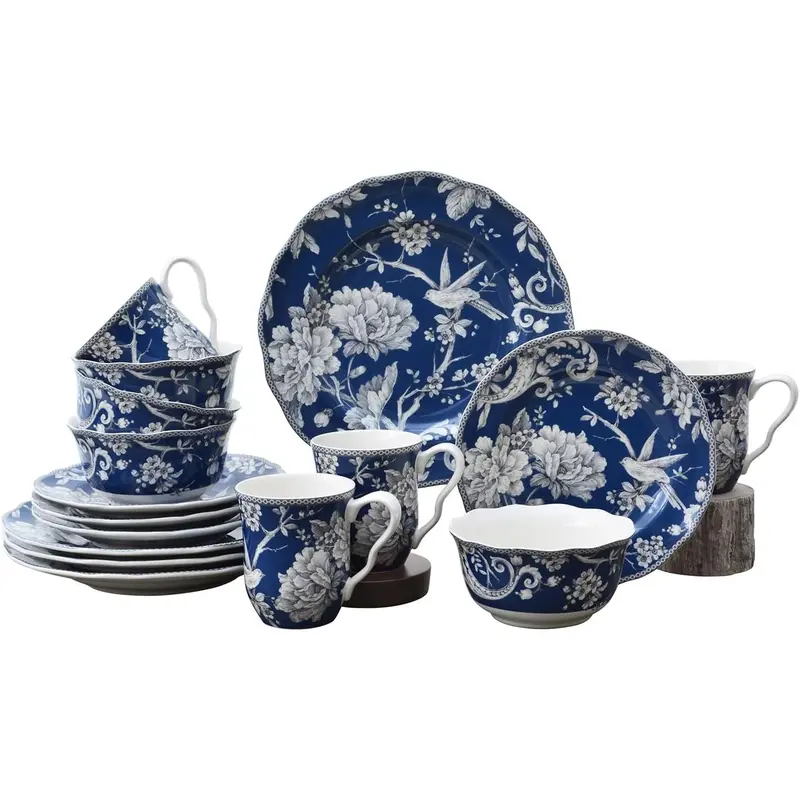 Adelaide 16- Dark Blue Porcelain Dinnerware Set - Service for 4, Plate, Bowl & Mug Set, Bird & Floral Design, for Everyday Dining & Entertainment, Microwave & Dishwasher Safe